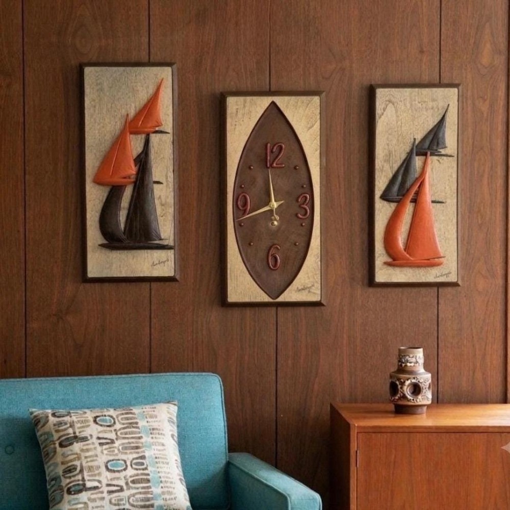 Vintage MCM Arabesque Burwood Nautical Sailboat Wall Art Clock Set 3-Piece